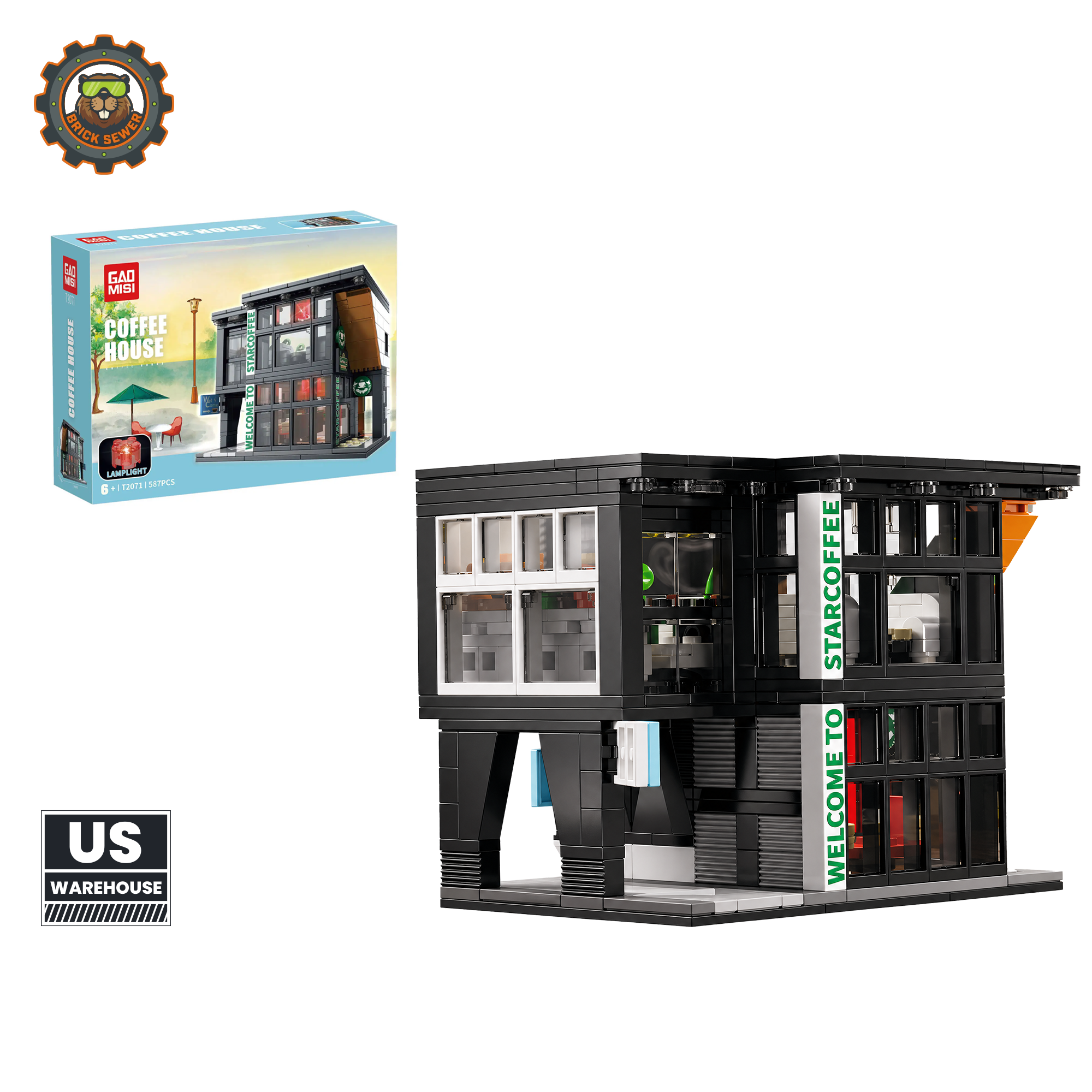 Modern Coffee Shop Building Set with Lights (581pcs)