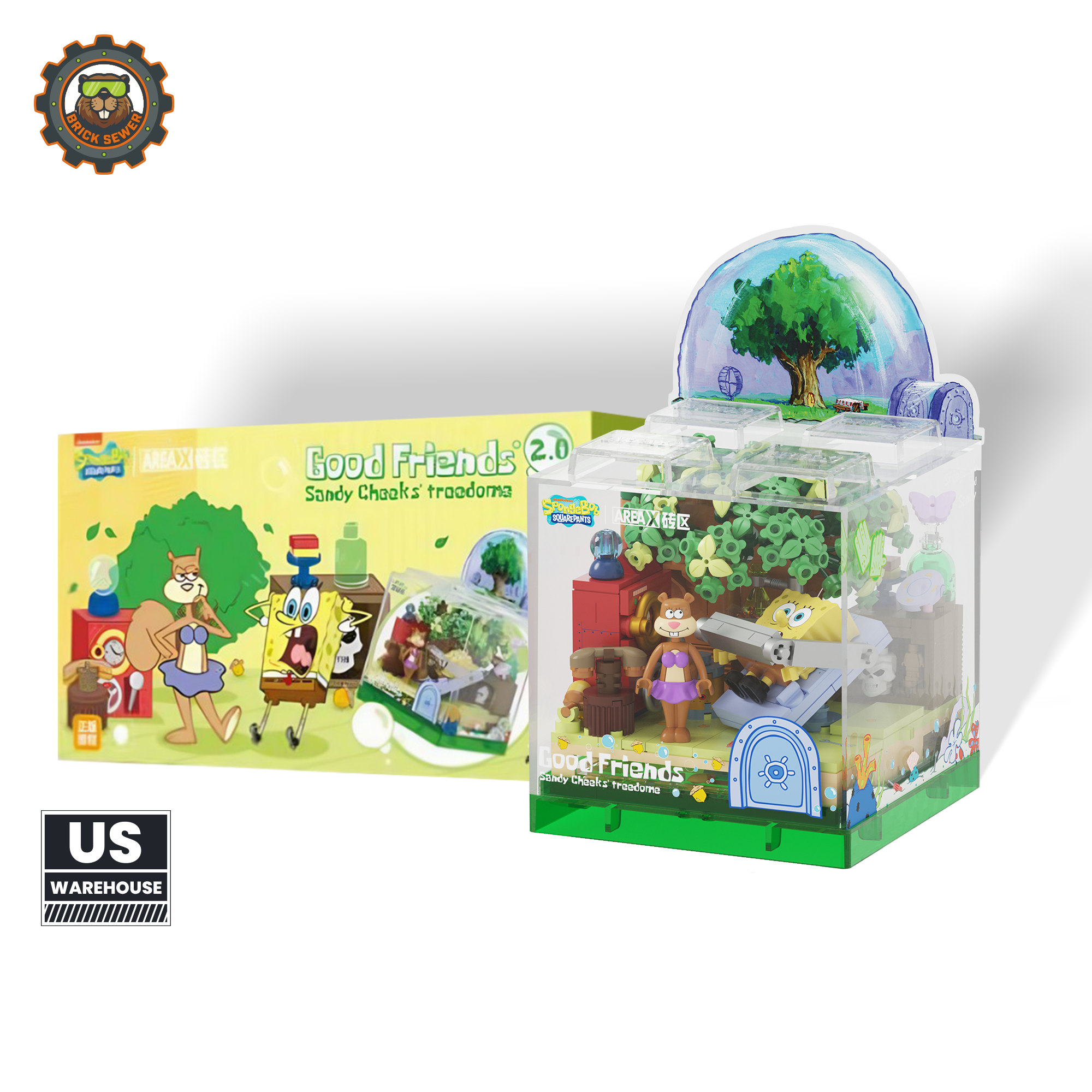 SpongeBob XBOX Treehouse with Sandy minifigure, outfits, and transformable design showcasing treehouse interior.