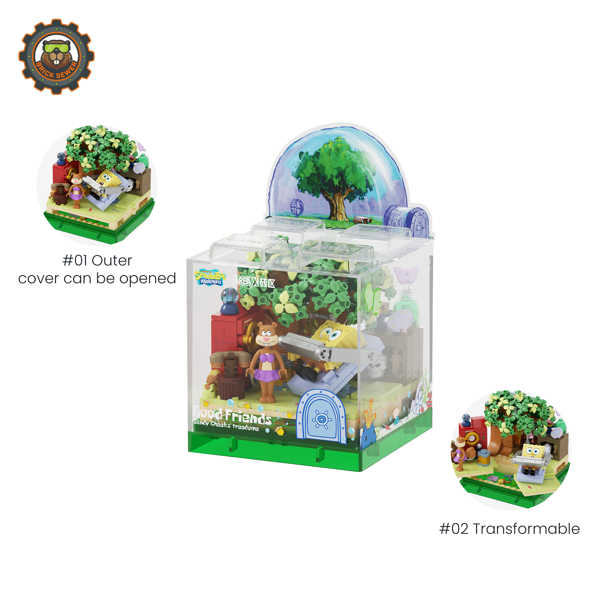SpongeBob XBOX Treehouse showing the transformable treetop retreat with Sandy minifigure and surprise elements.