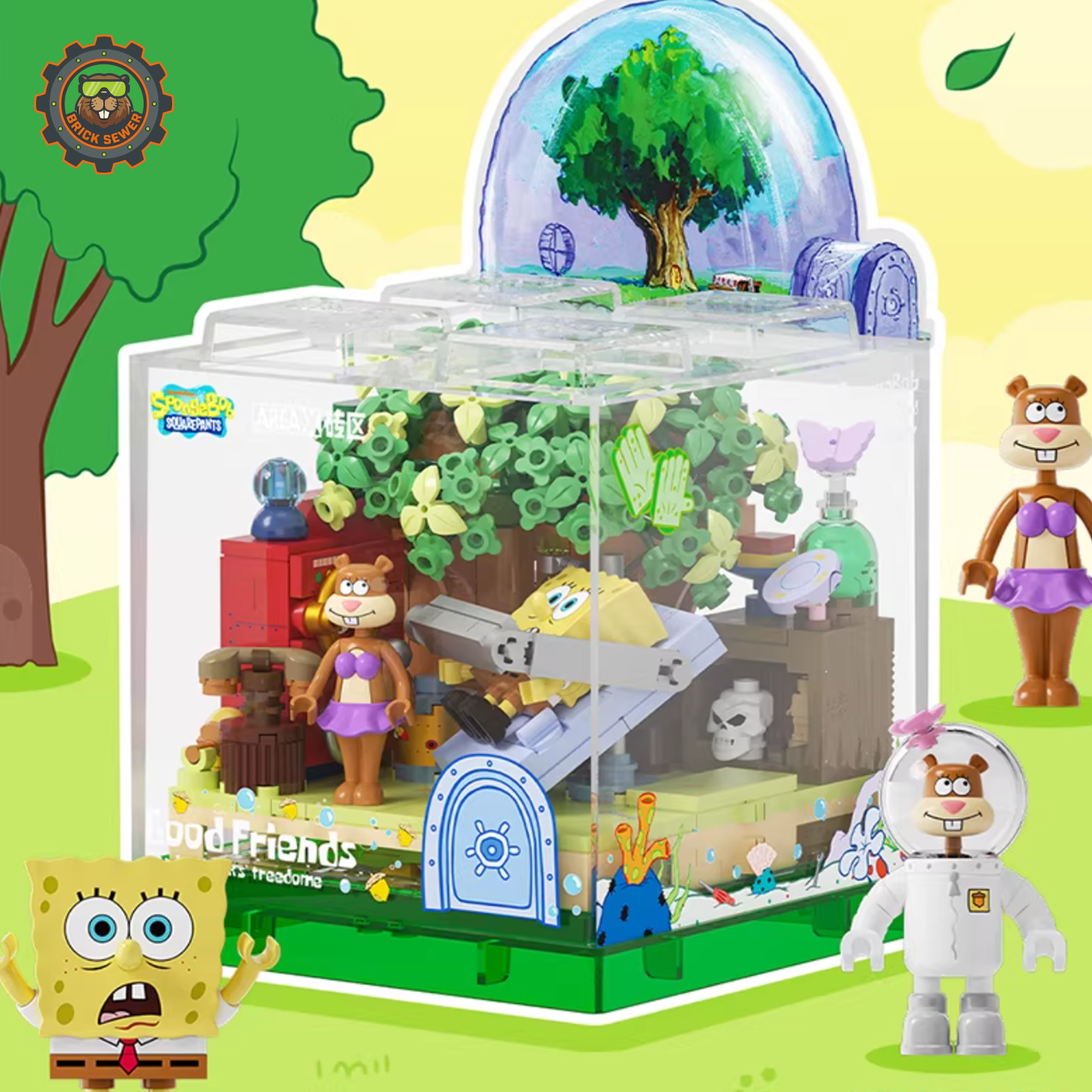 SpongeBob XBOX Treehouse featuring Sandy and SpongeBob in a transformable treehouse playset with hidden props.