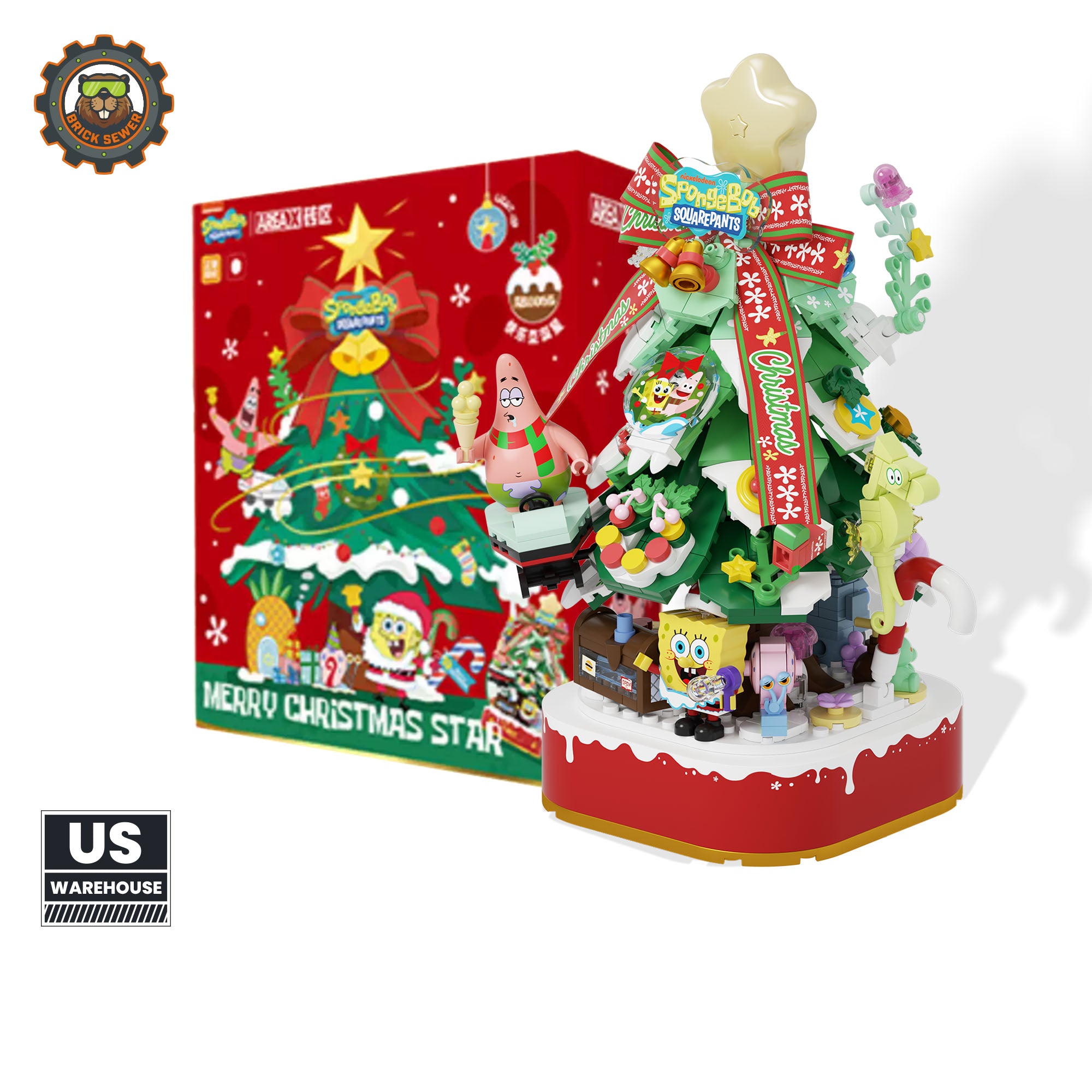SpongeBob Christmas Tree with light, 550 pieces, 2 minifigures, featuring SpongeBob and Patrick, made of ABS plastic.