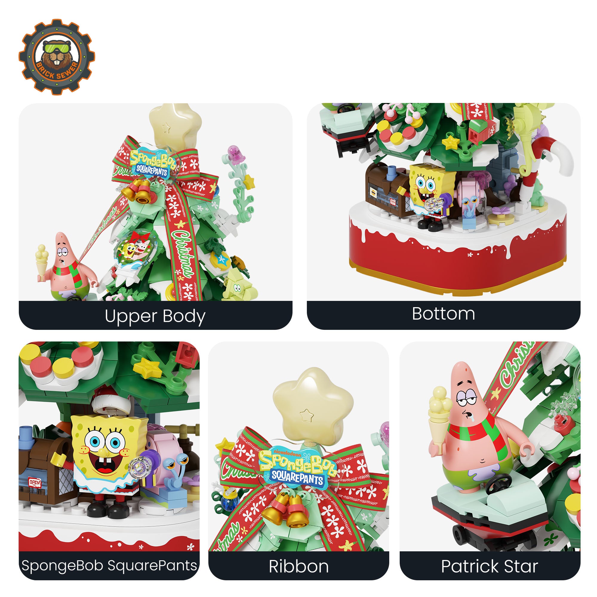 SpongeBob Christmas Tree featuring SpongeBob and Patrick, festive decorations, lights, and minifigures.
