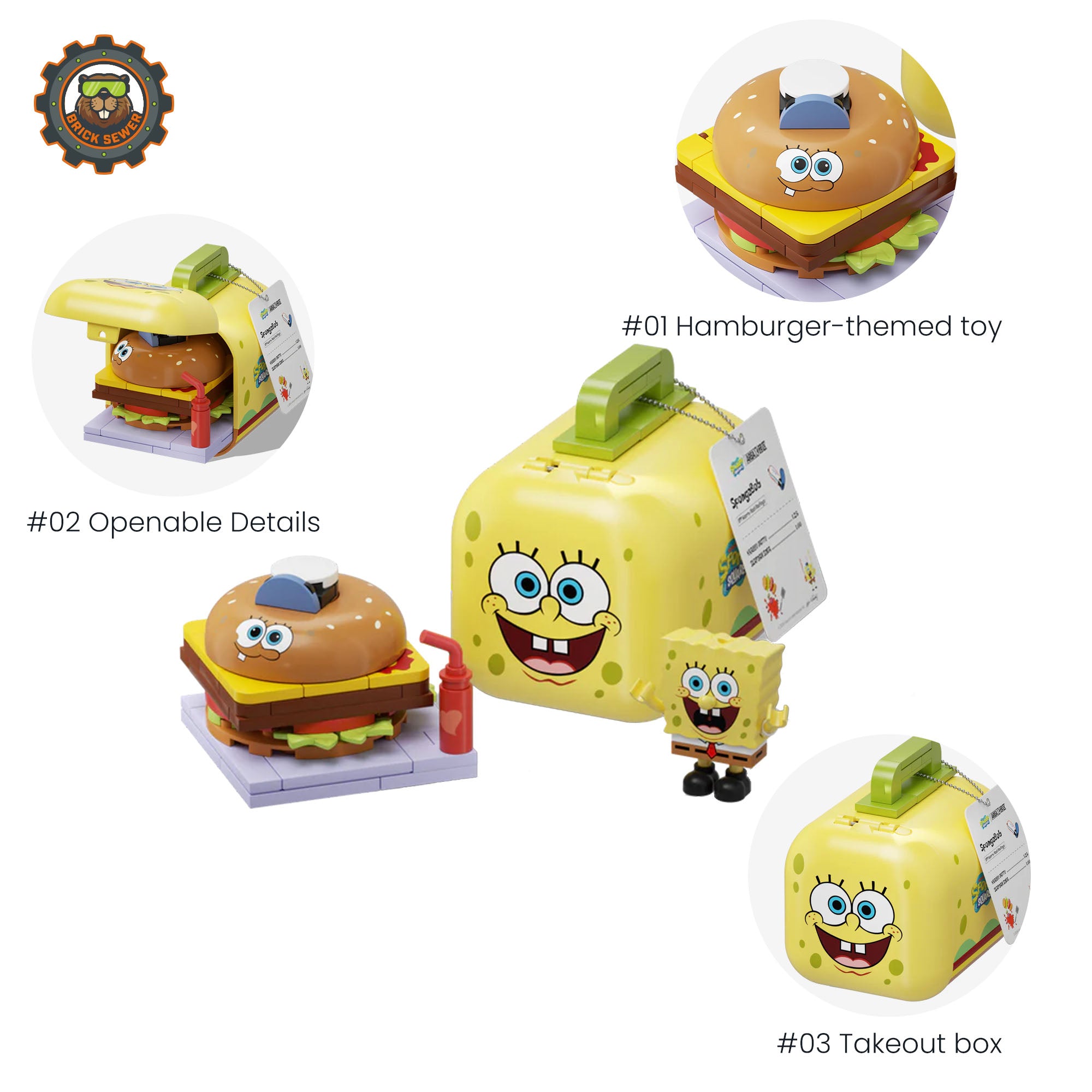 SpongeBob – Food Rush Blind Box（random 6 out of 7, non-repeating） featuring hamburger-themed toy and takeout box.