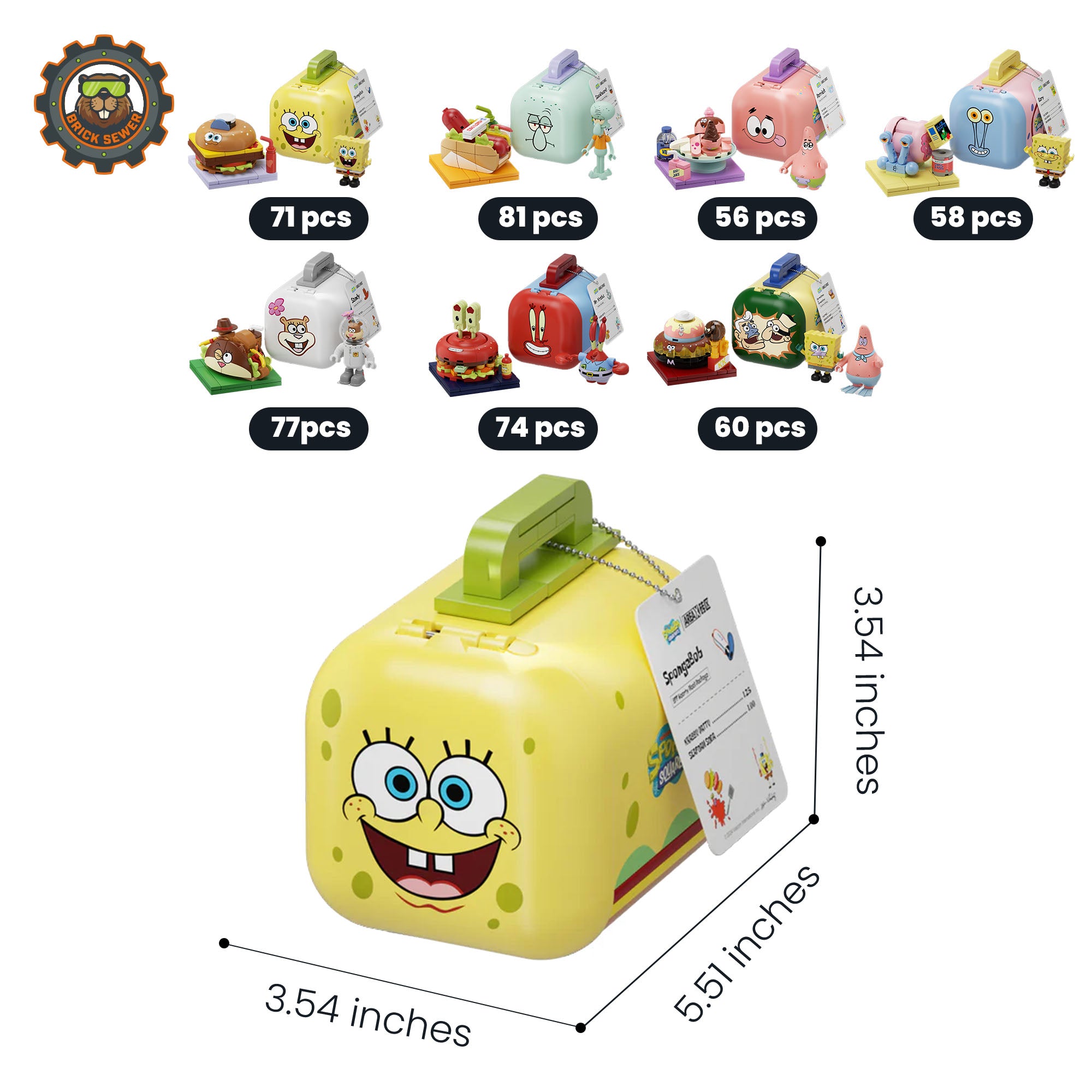 SpongeBob – Food Rush Blind Box（random 6 out of 7, non-repeating） collectible figures display with dimensions.