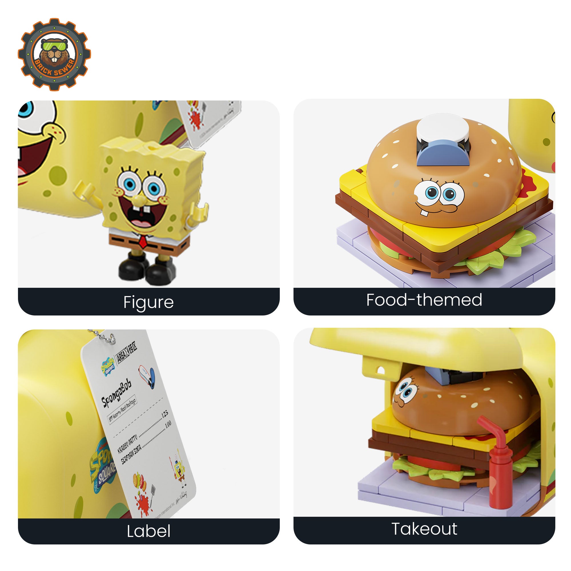 SpongeBob – Food Rush Blind Box（random 6 out of 7, non-repeating） featuring food-themed figures and labels.