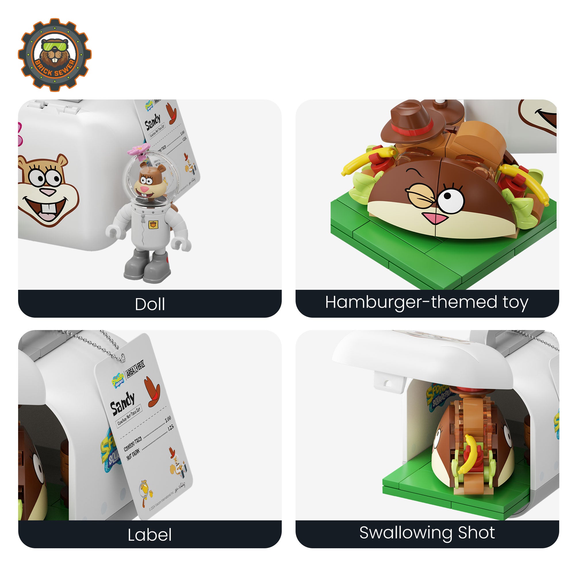 SpongeBob – Food Rush Blind Box（random 6 out of 7, non-repeating） featuring hamburger-themed toy and Sandy doll