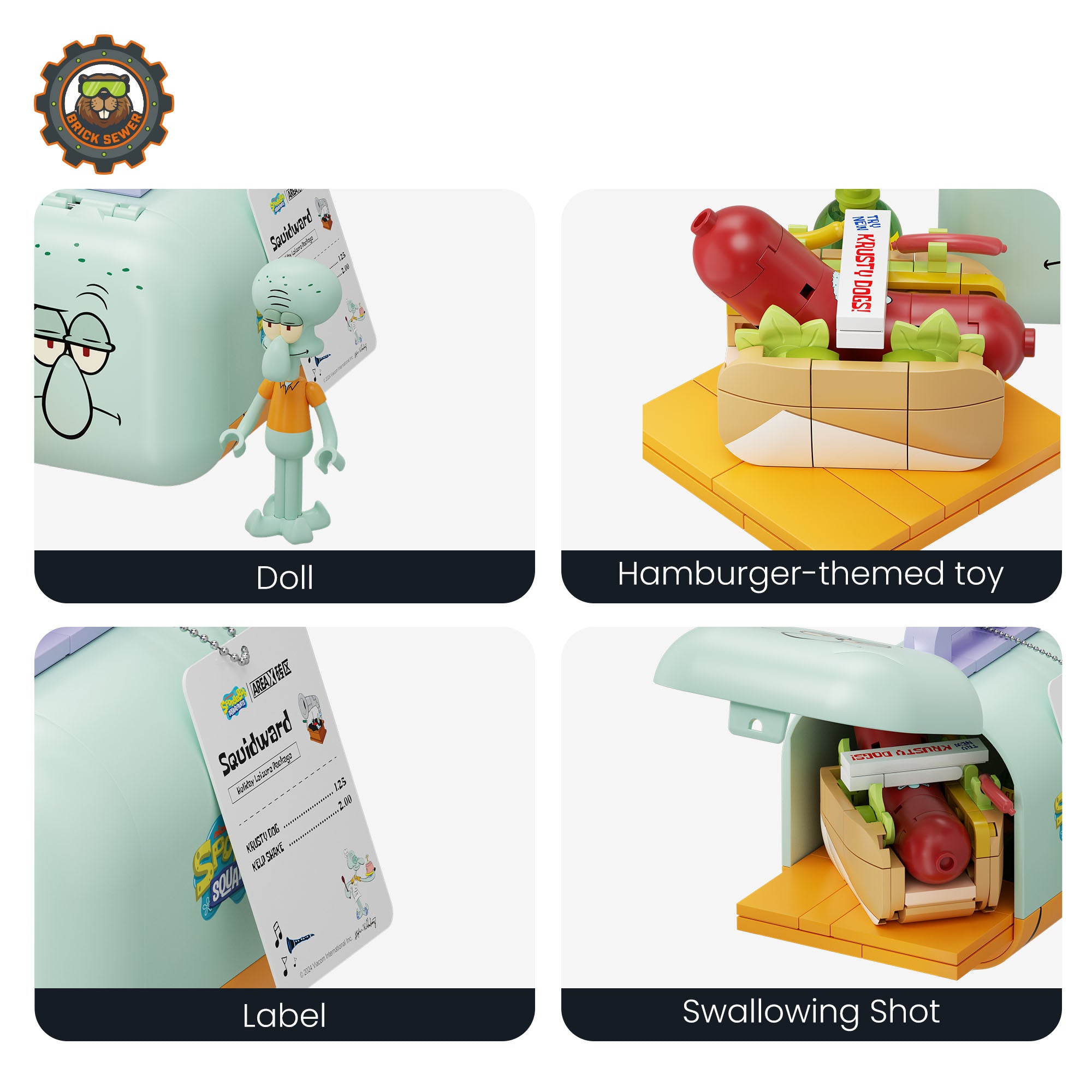 SpongeBob – Food Rush Blind Box（random 6 out of 7, non-repeating） featuring Squidward doll and hamburger-themed toy.