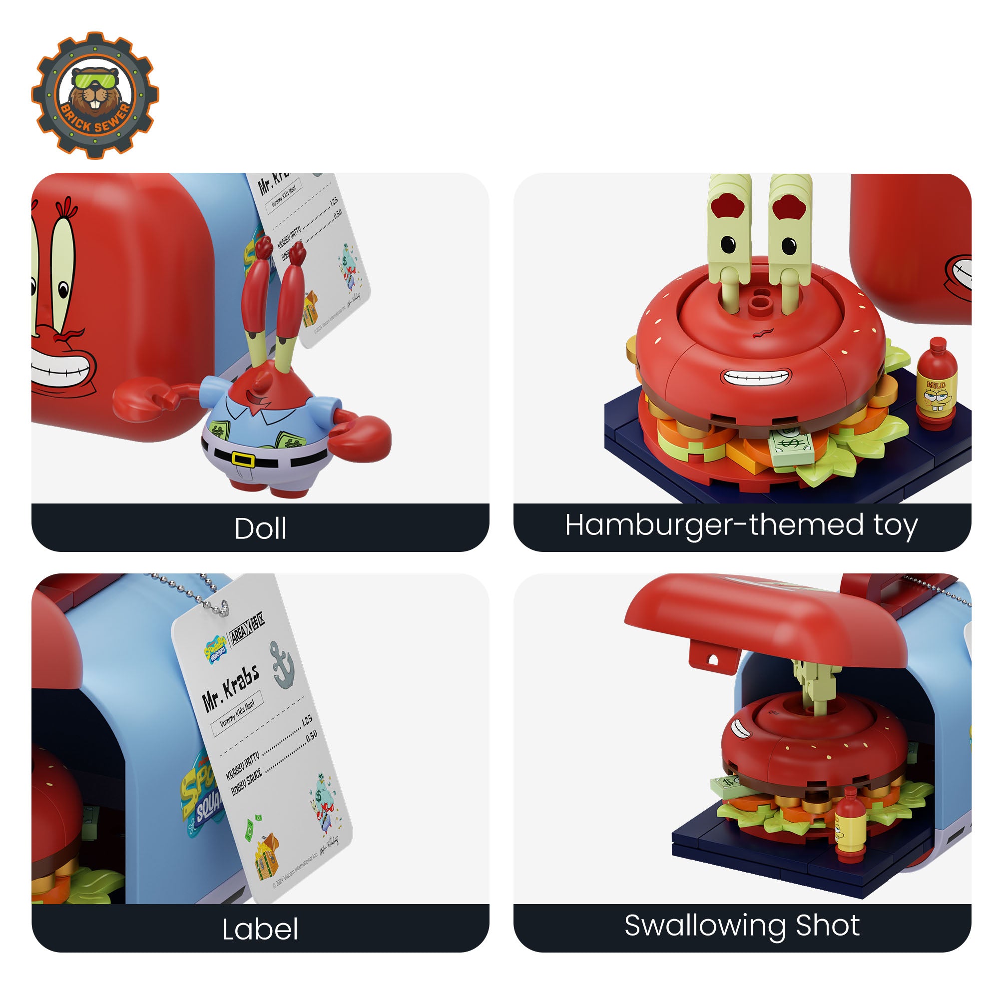 SpongeBob – Food Rush Blind Box（random 6 out of 7, non-repeating） showcasing Mr. Krabs doll and hamburger-themed toy.
