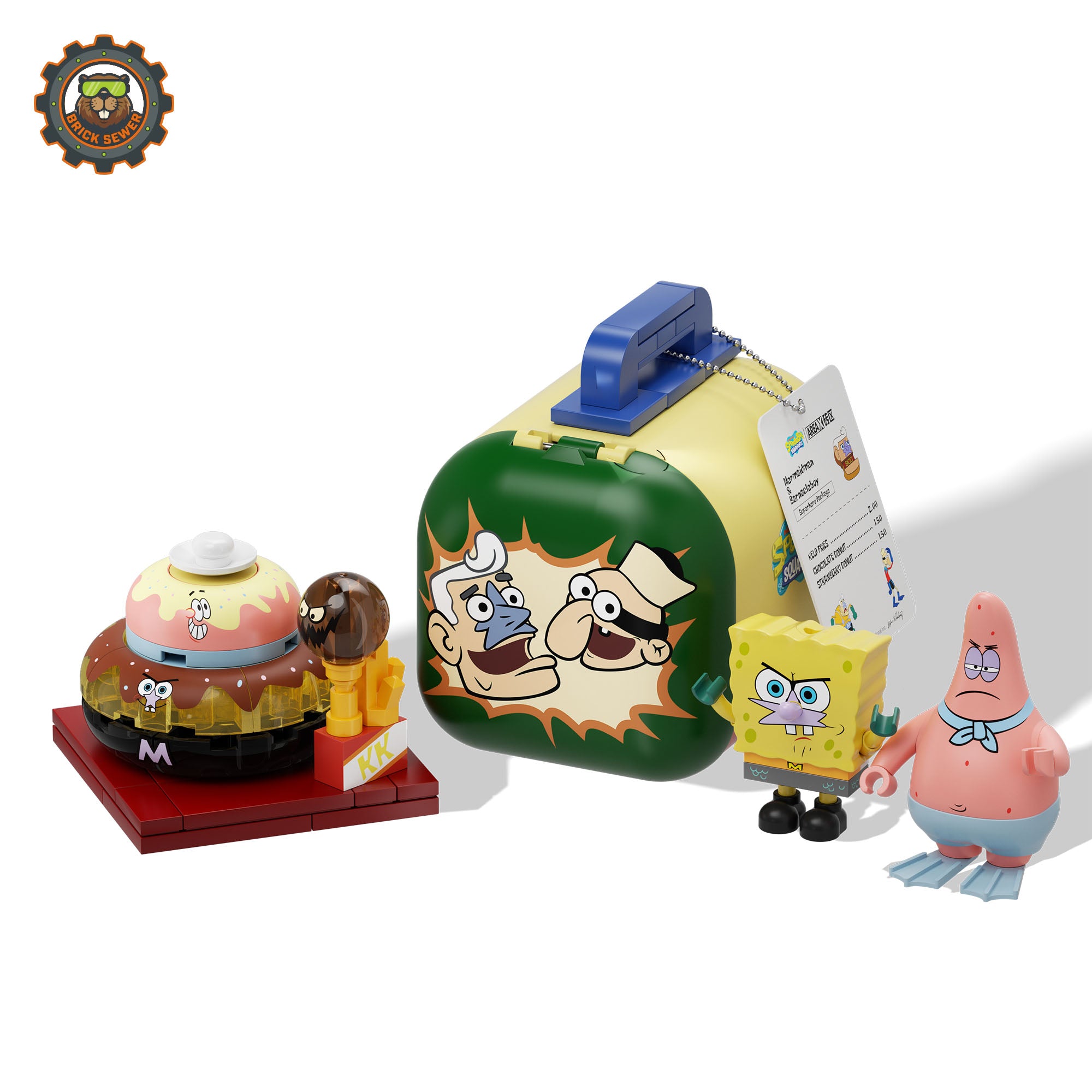 SpongeBob – Food Rush Blind Box（random 6 out of 7, non-repeating） with food-themed figures and lunchbox.