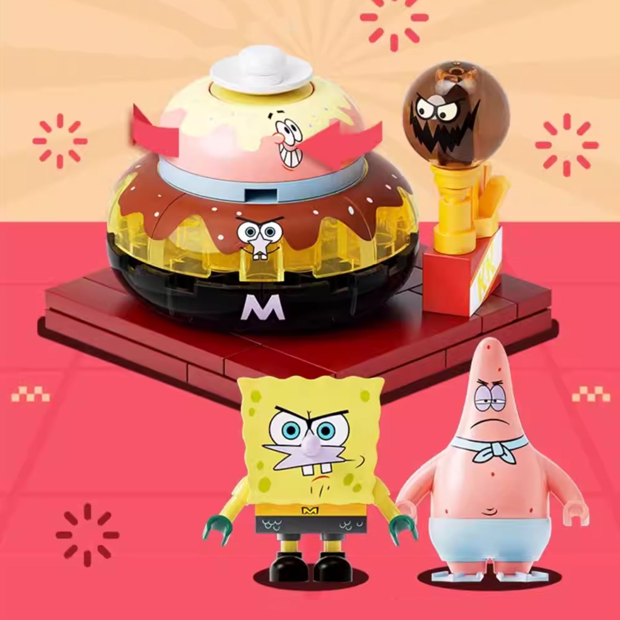 SpongeBob – Food Rush Blind Box（random 6 out of 7, non-repeating） featuring food-themed figures of SpongeBob and Patrick.