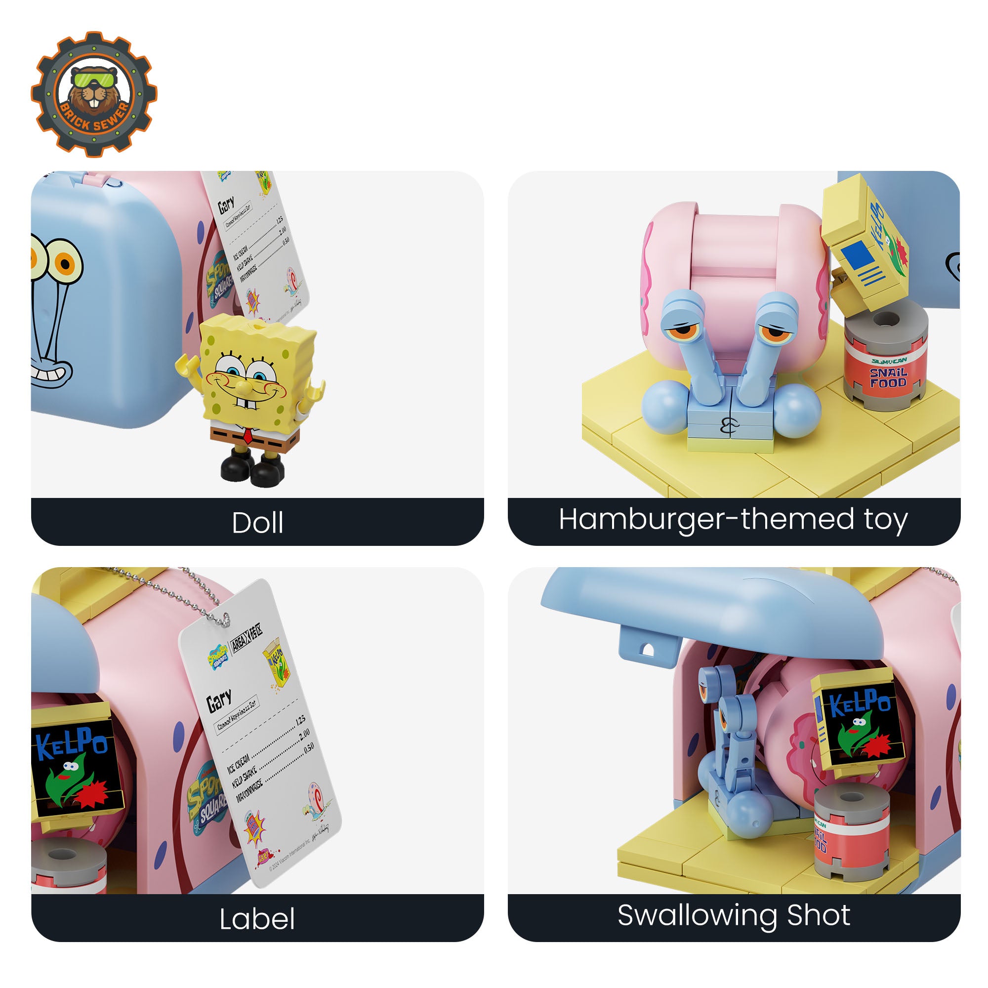 SpongeBob – Food Rush Blind Box featuring quirky food-themed figures and toys, including a hamburger-themed toy.
